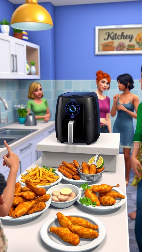 A Sims 4 kitchen with an air fryer and cooked dishes like fries and chicken wings, showcasing a cheerful cooking scene.